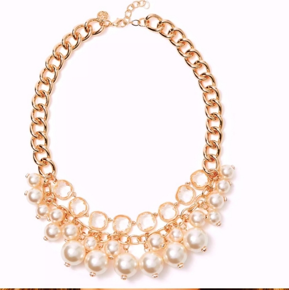 Lilly Pulitzer NWT Pink Palms Pearl & Rhinestone Cluster Statement Necklace